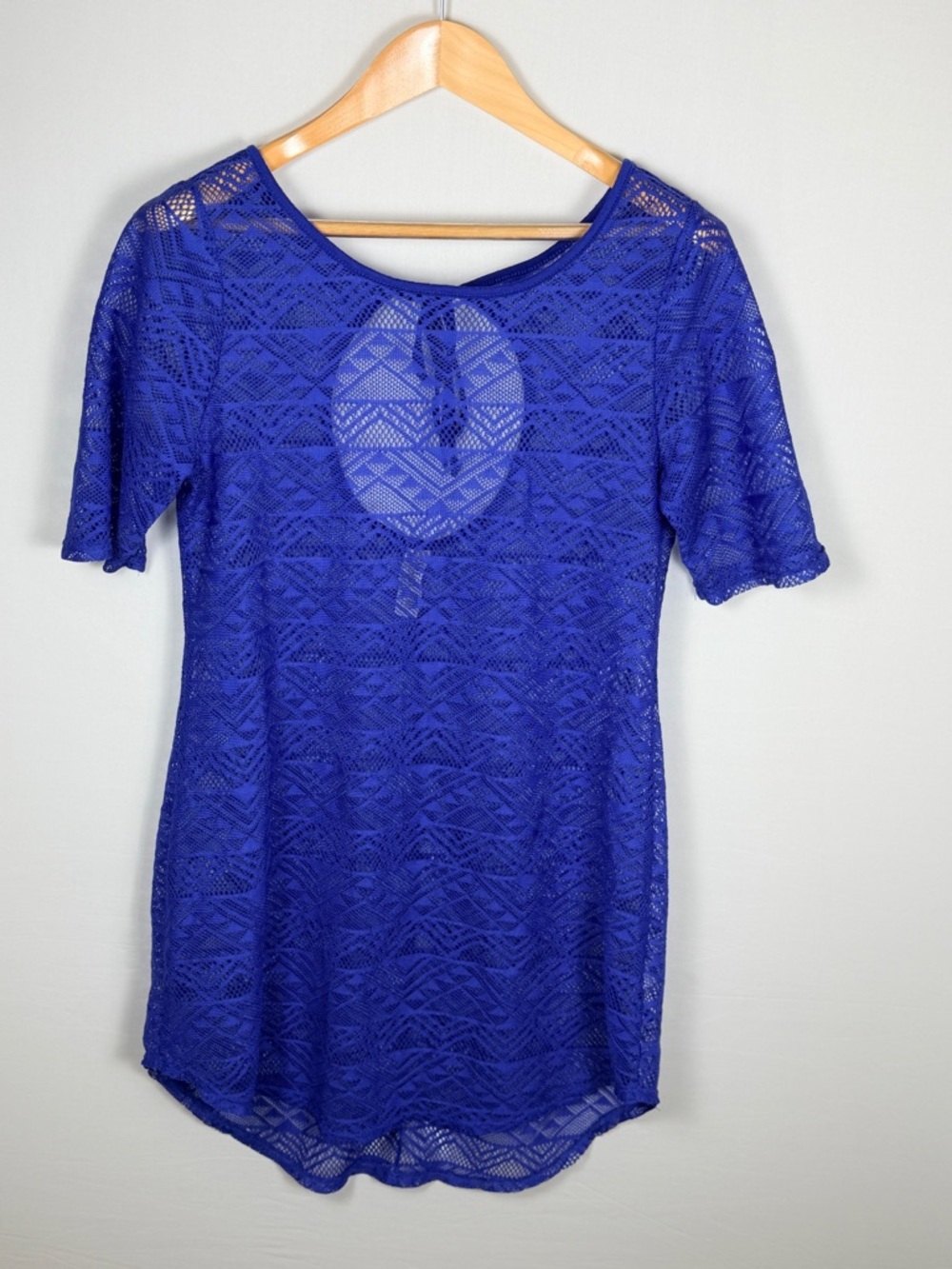 Miken Swim Blue Lace Cover Up Top Sheer Beach Pool Open Back Resort  Vacation L